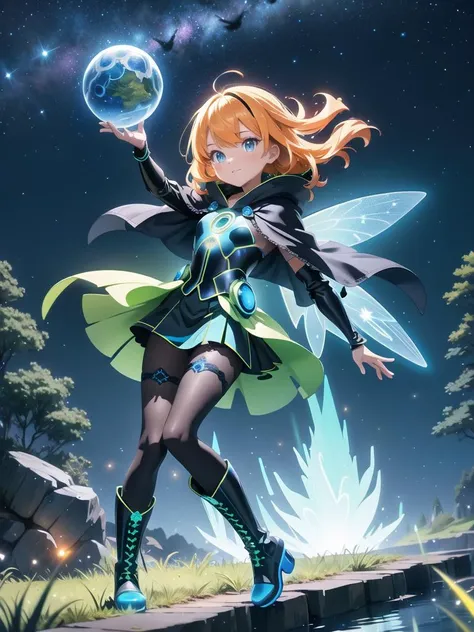 Magical enhance fairy landscape, blue and yellow glowing trees, green glowing grass, night, glowing fireflies in the air
riding a hoverboard, metallic orange hair, blue glowing eyes, obsidian feathered cloak, metallic orange lace bodysuit, obsidian black lace skirt, black army boots
Stars in the background, multiple planets in the background, lake in the background