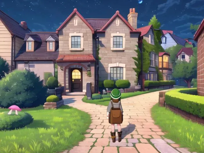 <lora:pokemonswshstyle-08:0.7>  1girl, short hair, brown hair, hat, dress, standing, boots, outdoors, bag, from behind, tree, pokemon (creature), window, night, bob cut, backpack, cardigan, grass, building, pink dress, green headwear, mushroom, house, grey cardigan, brown bag, tam o' shanter, hooded cardigan