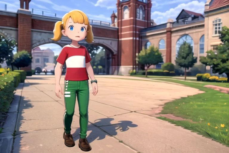 masterpiece, nice hands, best quality, 1girl, penny, solo, blonde hair, twintails, blunt bangs, flat chest, (red shirt, single stripe, striped shirt, white stripe), pants, green pants, brown shoes, wide shot, scenery, blue eyes, subject in background, reinforced knee