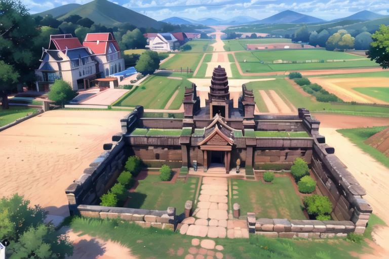 masterpiece, nice hands, best quality, no humans, outdoors, wide shot, scenery, angkor ruins, pokemon (creature)
