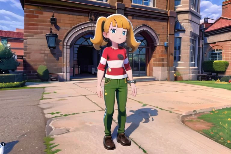 masterpiece, nice hands, best quality, 1girl, penny, solo, blonde hair, twintails, blunt bangs, flat chest, (red shirt, single stripe, striped shirt), pants, green pants, brown shoes, wide shot, scenery,