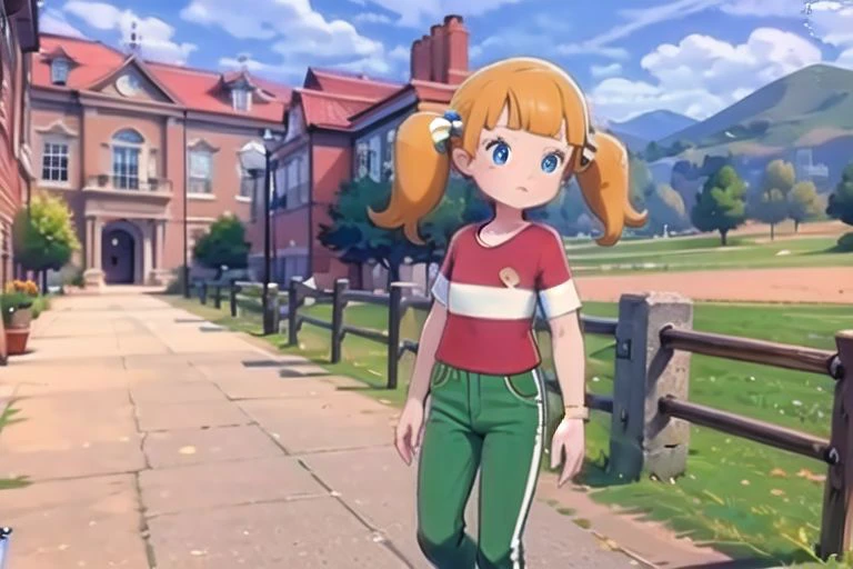 masterpiece, nice hands, best quality, 1girl, penny, solo, blonde hair, twintails, blunt bangs, flat chest, (red shirt, single stripe, striped shirt, white stripe), pants, green pants, brown shoes, wide shot, scenery, blue eyes, subject in background