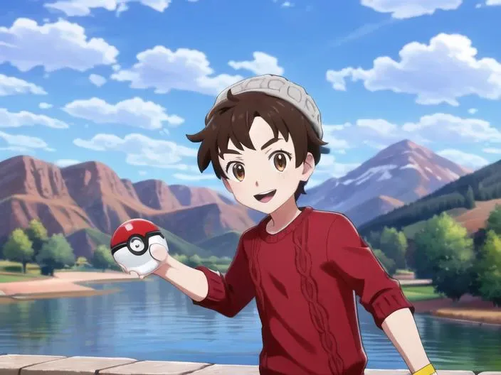 <lora:pokemonswshstyle-08:0.7> solo, smile, short hair, open mouth, bangs, brown hair, shirt, 1boy, hat, brown eyes, :d, male focus, outdoors, sky, day, tongue, cloud, water, blue sky, sparkle, swept bangs, red shirt, sleeves rolled up, poke ball, mountain, beanie, poke ball (basic), grey headwear, cable knit