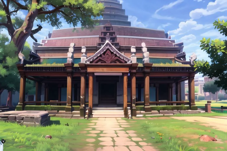 masterpiece, nice hands, best quality, no humans, outdoors, wide shot, scenery, angkor ruins, pokemon (creature)