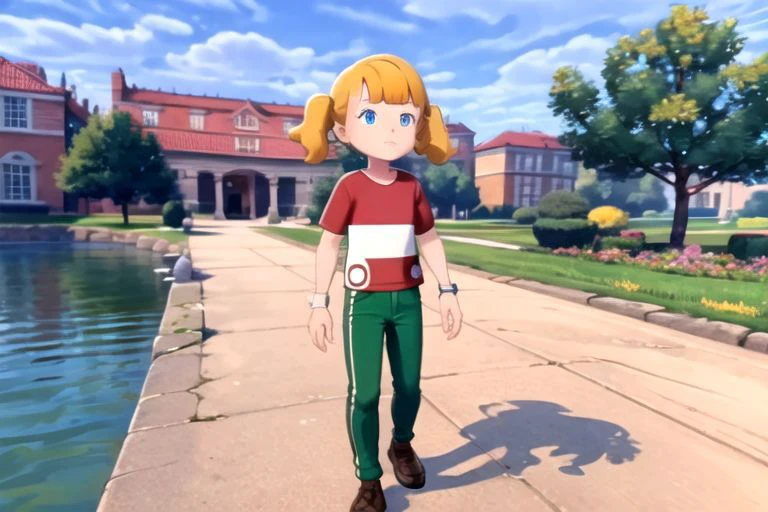 masterpiece, nice hands, best quality, 1girl, penny, solo, blonde hair, twintails, blunt bangs, flat chest, (red shirt, single stripe, striped shirt, white stripe), pants, green pants, brown shoes, wide shot, scenery, blue eyes, subject in background