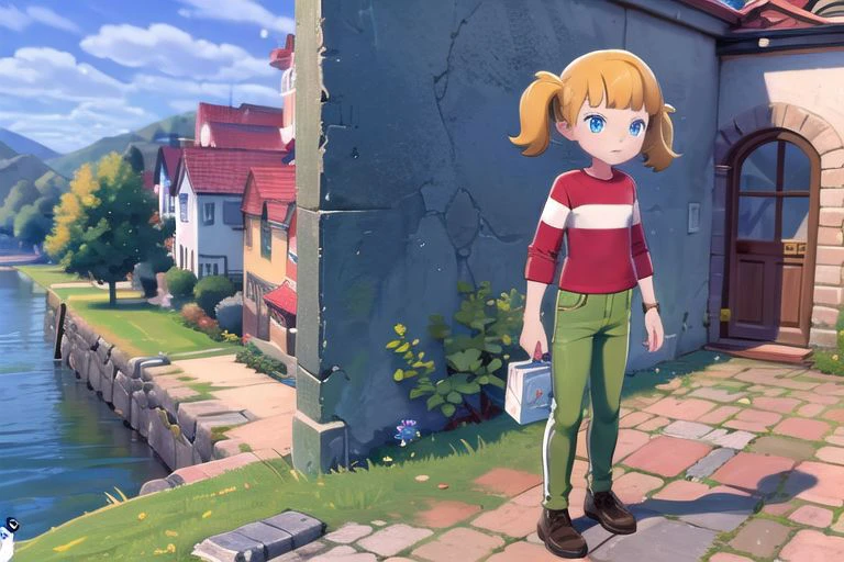 masterpiece, nice hands, best quality, 1girl, penny, solo, blonde hair, twintails, blunt bangs, flat chest, (red shirt, single stripe, striped shirt, white stripe), pants, green pants, brown shoes, wide shot, scenery, blue eyes