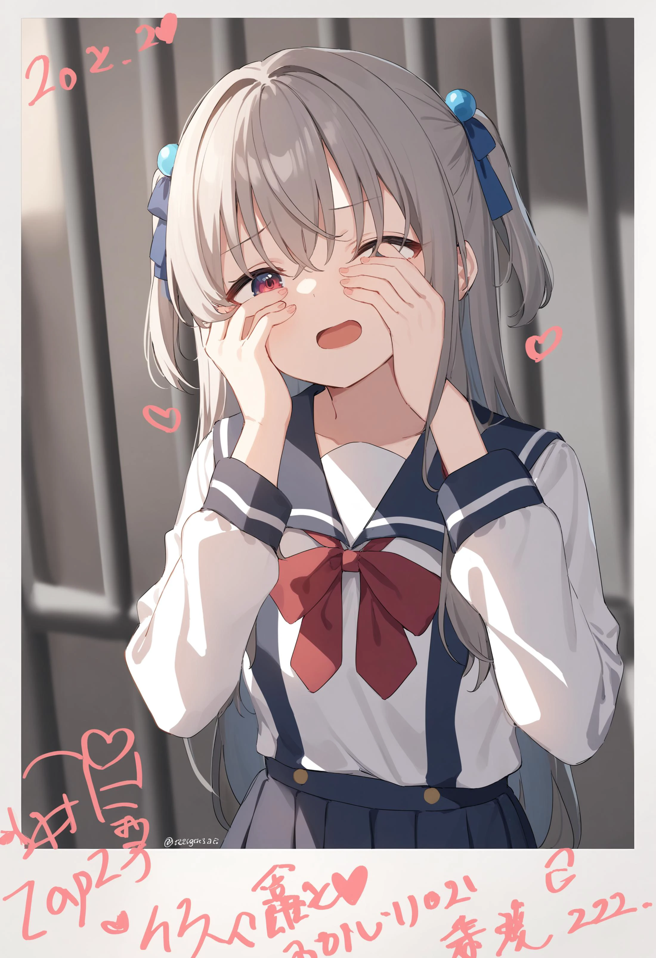 1girl,sincos, ningen mame, toosaka asagi,solo,medium breasts,school uniform,
polaroid, border, english text, character name, dated, artist name, signature,heart, twitter username,<lora:polaroid_XL_v1:0.8>
from below, panorama shot, looking down, gray hair, red eyes,facepalm, in bars, open mouth, two side up hair,,
best quality, very aesthetic, absurdres