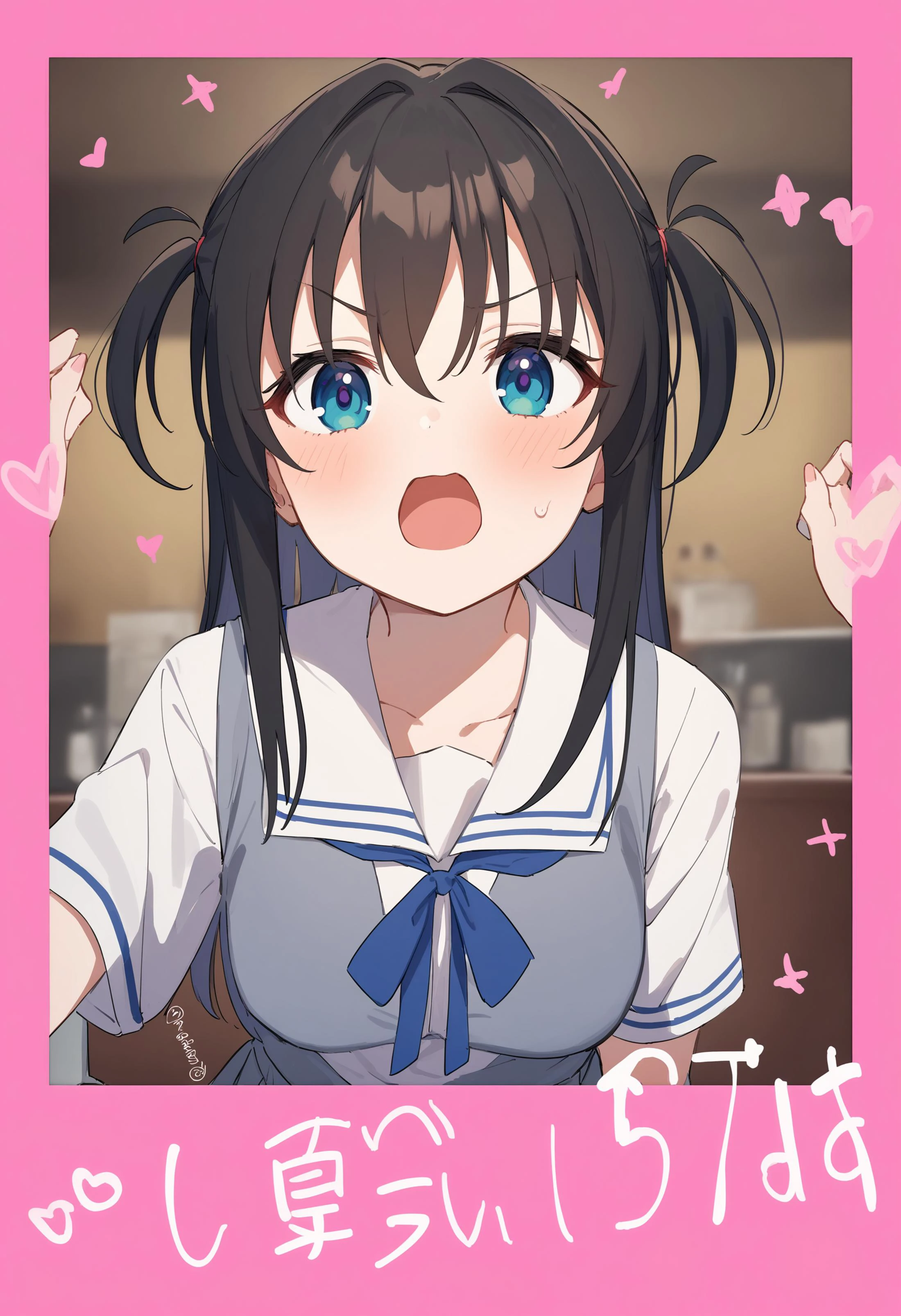 1girl,sincos, ningen mame, toosaka asagi,solo,medium breasts,school uniform,
polaroid, border, english text, character name, dated, artist name, signature,heart, twitter username,<lora:polaroid_XL_v1:0.8>
from below, upper body, looking up, black hair, purple eyes,anger vein, in bar, open mouth, two side up hair,,
best quality, very aesthetic, absurdres