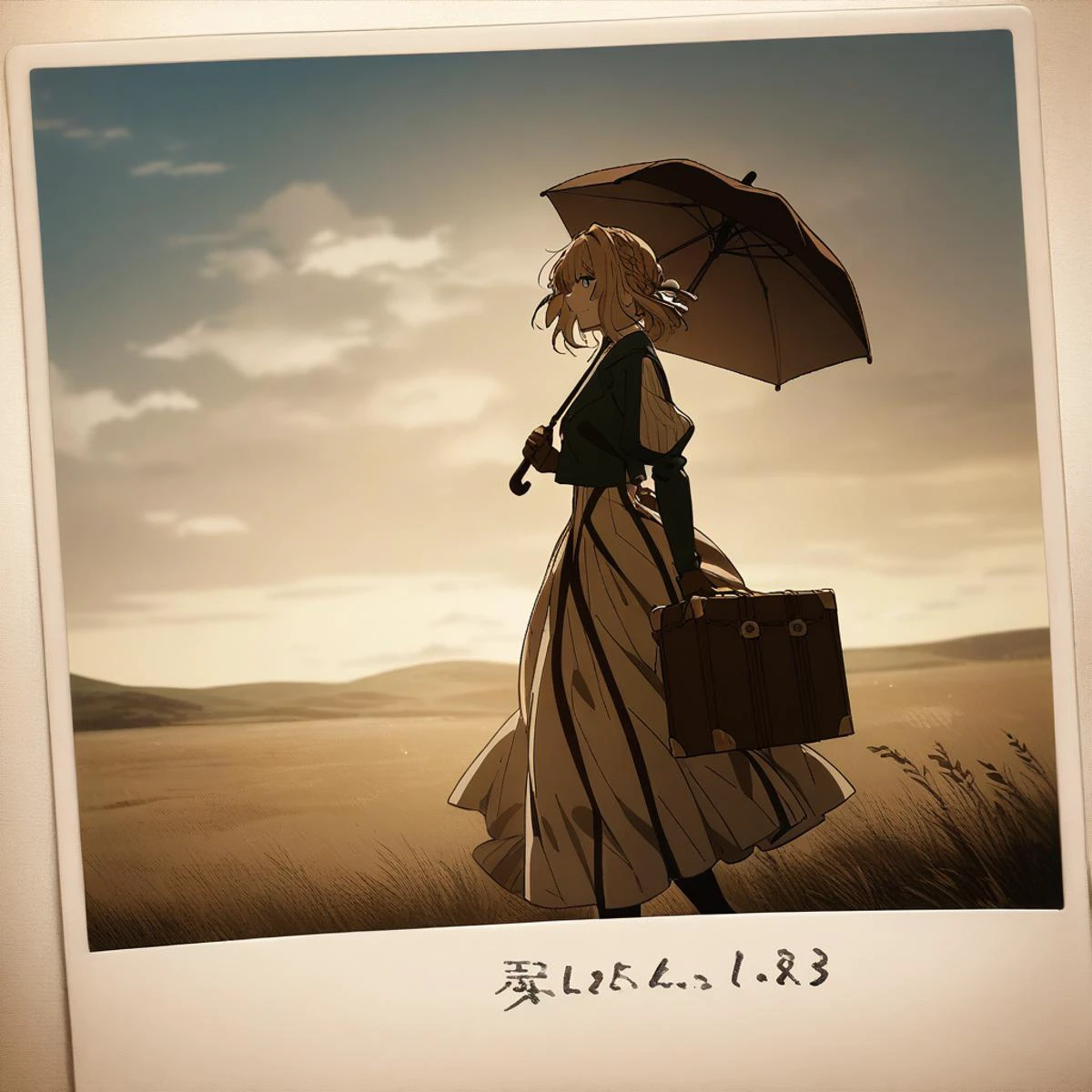 masterpiece, best quality, very aesthetic, absurdres, official art,
1girl, violet evergarden, violet evergarden \(series\), brown gloves,
<lora:polaroid_XL_v1:0.8>, sepia color, polaroid, dated,
holding trunk case handle, (holding closed parasol:1.2), looking away, walking, trunk case, grasslands, from side,