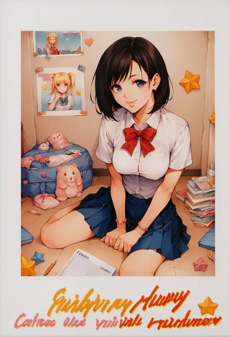 <lora:PONY-ç»-Yabuki Kentarou:0.8> ,score_8_up,  <lora:PONY-ç©-èªæç§:0.8>,1girl,solo,medium breasts,school uniform,pose,(polaroid, border:1.4), (english text, character name, dated, artist name, signature, heart, star, decorations, Sticker, Marker-doodled:1.2),, uncensored,<lora:add-detail-xl:1>,