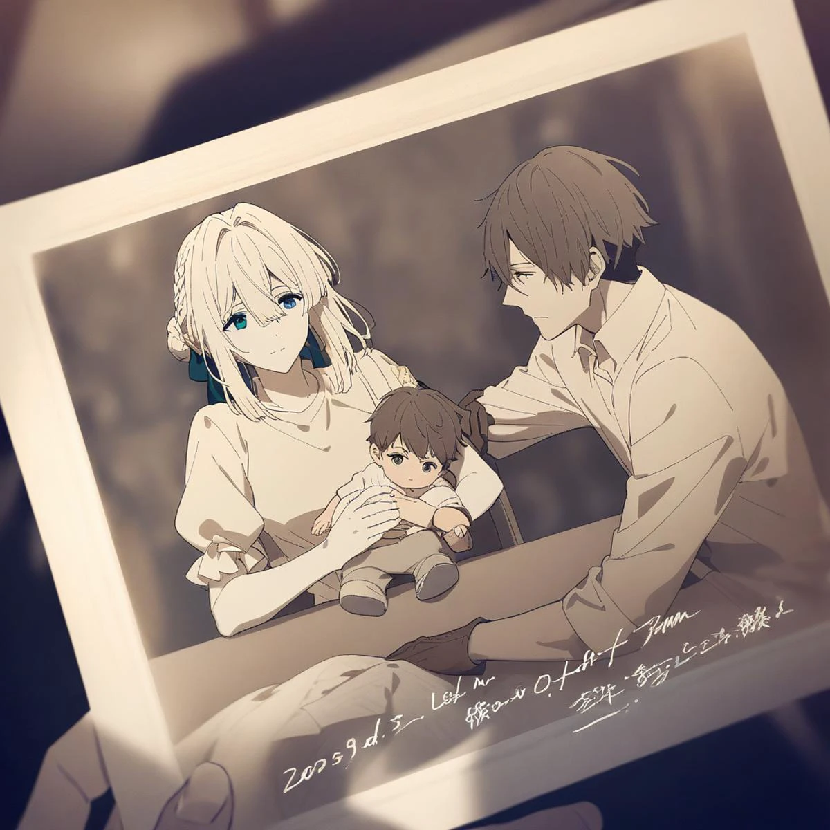 masterpiece, best quality, very aesthetic, absurdres, official art,
1girl, violet evergarden, violet evergarden \(series\), brown gloves,
1boy, gilbert bougainvillea, violet evergarden \(series\), (boy left one arm:1.8),
on chair, holding , <lora:polaroid_XL_v1:0.8>, sepia color, polaroid, dated,