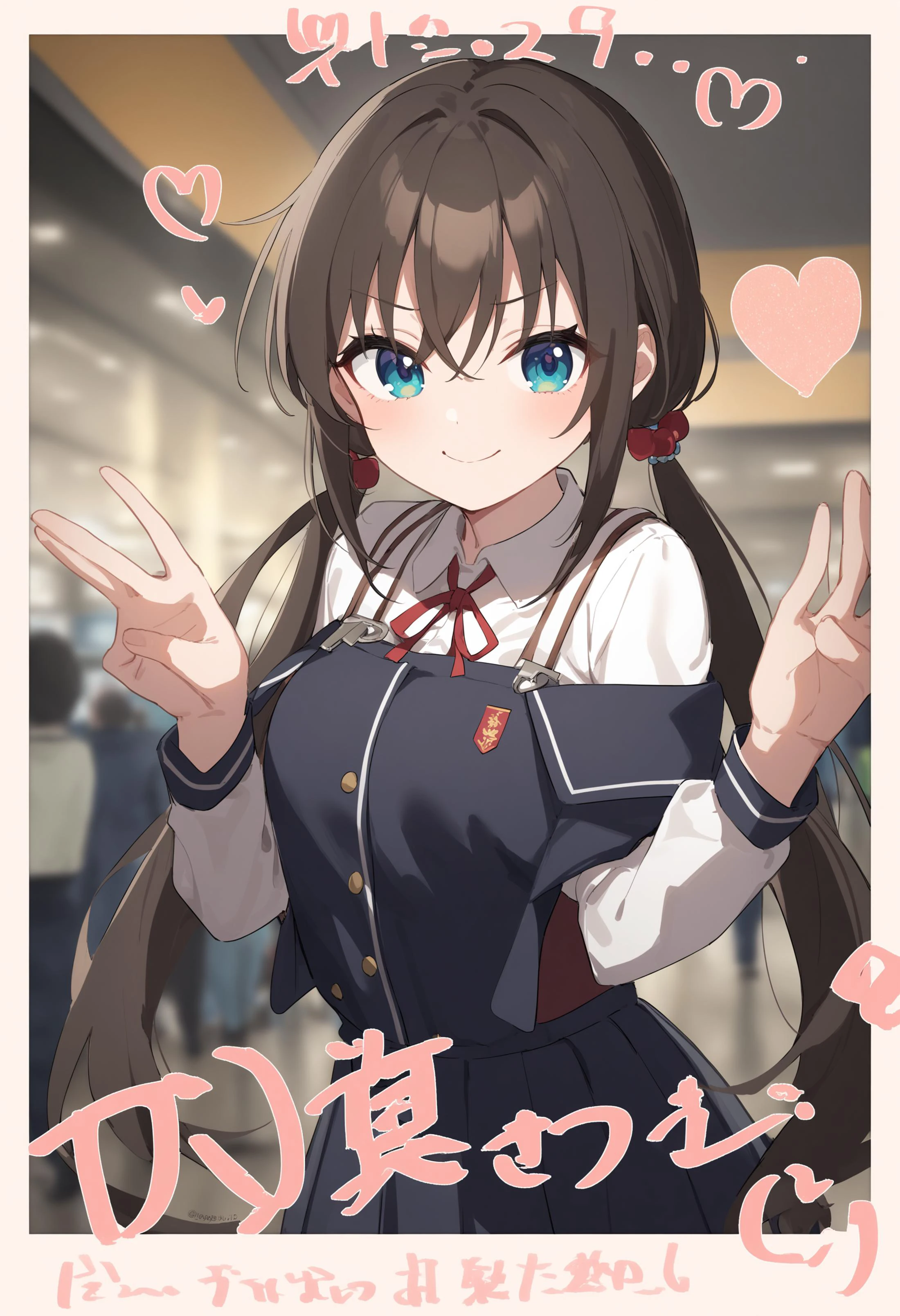 1girl,sincos, ningen mame, toosaka asagi,solo,medium breasts,school uniform,
polaroid, border, english text, character name, dated, artist name, signature,heart, twitter username,<lora:polaroid_XL_v1:0.8>
from behind, cinematic angle, looking ahead, brown hair, white eyes,smug face, airport terminal, closed mouth, low twintails hair,,
best quality, very aesthetic, absurdres