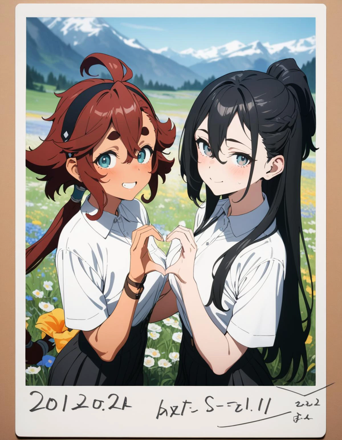 masterpiece, best quality, ultra detailed, highres,4k,(ultra-detailed:1.4) (illustration:0.5), (ray tracing,:0.8),(anime colored:0.7),(ai-generated:0.5),
suletta,
miorine,
2girls,sincos,,multiple girls,,border, english text, character name, dated, artist name, signature,heart, heart hands, smile, looking at viewer, cowboy shot,field of alpine flowers <lora:polaroid_XL_v1:1>,polaroid,