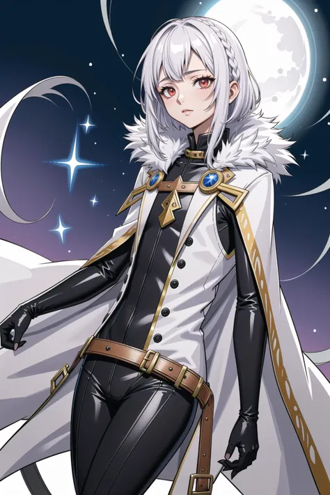 (dark jrpg illustration), (empty tone), (brotherone:1.3), (solo young male:1.5), (spellsinger:1.5), beautiful features, opalescent red eyes, white hair, bob hairstyle, (slim petite build:1.5), fur collar long coat, bodysuit, <lora:brotherone:1.0>, fantasy ruins, gloomy and gothic,