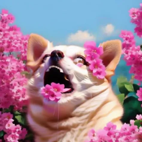<lora:weirogs_del:1.1>, doge <lora:picre_del:0.7>, pink flowers, picre
