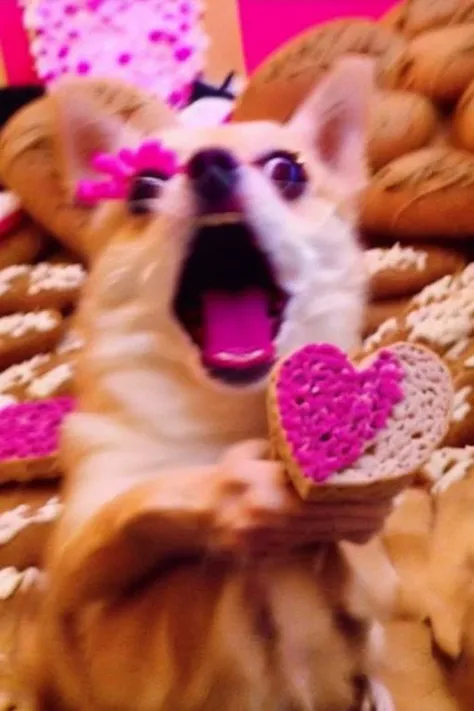 <lora:weirogs_del:1.1>, cute doge,  crazy, hearts, pink ambient, (made of bread:1.4)