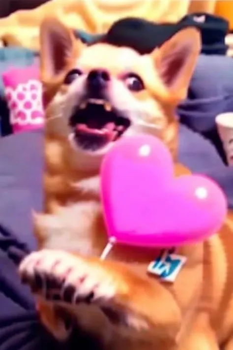 <lora:weirogs_del:1.1>, cute doge,  crazy, hearts, pink ambient