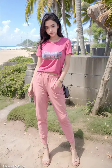 ((masterpiece)), ((best quality)), ((detailed)), ((realistic)), ((nikon RAW photo, 8K, Fujifilm XT3, HDR10+, high-res, depth of field, huge filesize, low-angle shot)), (1girl, solo, standing straight, arms at side, spreading arms), ((((full body:1.5), small breast:1.4, slender body:1.3, body height 163 cm, body weight 48 Kg, realistic body, 21 years old, 34D Cup))), (photorealistic:1.4), photorealism, photography, hyperrealistic, hyperdetailed, lots of details, extremely amazing finely detail, shoot by professional, professional photography, studio lighting, professional tuned lighting, outdoor, beach, sea wave background, perfection, best of the best, professional model, photo model, tuned by professional, flirty, naughty, cute, extremely delicate beautiful, a dashing collected professional beauty woman, Woman, Girl, neat, polite, nathania, long hair, hair parted at the back, pink t-shirt, pink pants, photo on the beach, pink sandals, bright smile, casual pose, beautiful pose, clean clothes, proportional, untucked, looking at camera, gold necklace, gold small earrings, beautiful smile, beautiful face, beautiful body, perfect body, young adult, indonesian, Indonesia, SFW, <lora:Javanese_Girl_V2:0.8>