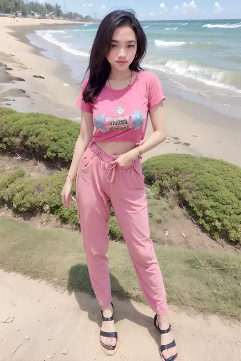 ((masterpiece)), ((best quality)), ((detailed)), ((realistic)), ((nikon RAW photo, 8K, Fujifilm XT3, HDR10+, high-res, depth of field, huge filesize, low-angle shot)), (1girl, solo, standing straight, arms at side, spreading arms), ((((full body:1.5), small breast:1.4, slender body:1.3, body height 163 cm, body weight 48 Kg, realistic body, 21 years old, 34D Cup))), (photorealistic:1.4), photorealism, photography, hyperrealistic, hyperdetailed, lots of details, extremely amazing finely detail, shoot by professional, professional photography, studio lighting, professional tuned lighting, outdoor, beach, sea wave background, perfection, best of the best, professional model, photo model, tuned by professional, flirty, naughty, cute, extremely delicate beautiful, a dashing collected professional beauty woman, Woman, Girl, neat, polite, nathania, long hair, hair parted at the back, pink t-shirt, pink pants, photo on the beach, pink sandals, bright smile, casual pose, beautiful pose, clean clothes, proportional, untucked, looking at camera, gold necklace, gold small earrings, beautiful smile, beautiful face, beautiful body, perfect body, young adult, indonesian, Indonesia, SFW, <lora:Javanese_Girl_V2:0.8>