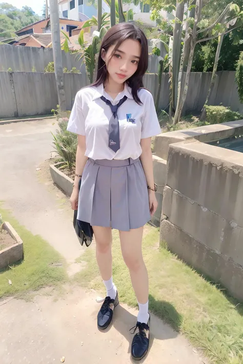((masterpiece)), ((best quality)), ((detailed)), ((realistic)), ((nikon RAW photo, 8K, Fujifilm XT3, HDR10+, high-res, depth of field, huge filesize, low-angle shot)), (1girl, solo, standing straight, arms at side, spreading arms), ((((full body:1.5), small breast:1.4, slender body:1.3, body height 163 cm, body weight 48 Kg, realistic body, 18 years old, 34D Cup))), (photorealistic:1.4), photorealism, photography, hyperrealistic, hyperdetailed, lots of details, extremely amazing finely detail, shoot by professional, professional photography, studio lighting, professional tuned lighting, outdoor, beach, sea wave background, perfection, best of the best, professional model, photo model, tuned by professional, lustful woman, arroused, seduced, flirty, seductive, tempt, naughty, cute, virgin, extremely delicate beautiful, a dashing collected professional beauty woman, Woman, Girl, neat, polite, nathania, medium hair, white shirt, white collared shirt, bluish gray skirt, white socks, black loafers, short sleeve, osis, bright smile, free pose, beautiful pose, clean clothes, proportional, tucked in, looking at camera, gold necklace, gold small earrings, beautiful smile, beautiful body, perfect body, teen, indonesian, Indonesia, <lora:Javanese_Girl_V2:0.8>