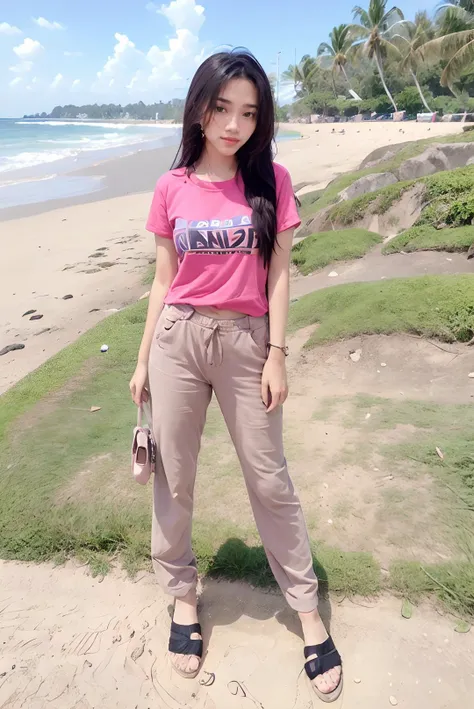 ((masterpiece)), ((best quality)), ((detailed)), ((realistic)), ((nikon RAW photo, 8K, Fujifilm XT3, HDR10+, high-res, depth of field, huge filesize, low-angle shot)), (1girl, solo, standing straight, arms at side, spreading arms), ((((full body:1.5), small breast:1.4, slender body:1.3, body height 163 cm, body weight 48 Kg, realistic body, 21 years old, 34D Cup))), (photorealistic:1.4), photorealism, photography, hyperrealistic, hyperdetailed, lots of details, extremely amazing finely detail, shoot by professional, professional photography, studio lighting, professional tuned lighting, outdoor, beach, sea wave background, perfection, best of the best, professional model, photo model, tuned by professional, flirty, naughty, cute, extremely delicate beautiful, a dashing collected professional beauty woman, Woman, Girl, neat, polite, nathania, long hair, hair parted at the back, pink t-shirt, pink pants, photo on the beach, pink sandals, bright smile, casual pose, beautiful pose, clean clothes, proportional, untucked, looking at camera, gold necklace, gold small earrings, beautiful smile, beautiful face, beautiful body, perfect body, young adult, indonesian, Indonesia, SFW,  <lora:Javanese_Girl_V2:0.8>