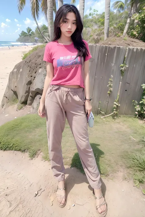 ((masterpiece)), ((best quality)), ((detailed)), ((realistic)), ((nikon RAW photo, 8K, Fujifilm XT3, HDR10+, high-res, depth of field, huge filesize, low-angle shot)), (1girl, solo, standing straight, arms at side, spreading arms), ((((full body:1.5), small breast:1.4, slender body:1.3, body height 163 cm, body weight 48 Kg, realistic body, 21 years old, 34D Cup))), (photorealistic:1.4), photorealism, photography, hyperrealistic, hyperdetailed, lots of details, extremely amazing finely detail, shoot by professional, professional photography, studio lighting, professional tuned lighting, outdoor, beach, sea wave background, perfection, best of the best, professional model, photo model, tuned by professional, flirty, naughty, cute, extremely delicate beautiful, a dashing collected professional beauty woman, Woman, Girl, neat, polite, nathania, long hair, hair parted at the back, pink t-shirt, pink pants, photo on the beach, pink sandals, bright smile, casual pose, beautiful pose, clean clothes, proportional, untucked, looking at camera, gold necklace, gold small earrings, beautiful smile, beautiful face, beautiful body, perfect body, young adult, indonesian, Indonesia, SFW,  <lora:Javanese_Girl_V2:0.8>