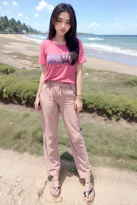 ((masterpiece)), ((best quality)), ((detailed)), ((realistic)), ((nikon RAW photo, 8K, Fujifilm XT3, HDR10+, high-res, depth of field, huge filesize, low-angle shot)), (1girl, solo, standing straight, arms at side, spreading arms), ((((full body:1.5), small breast:1.4, slender body:1.3, body height 163 cm, body weight 48 Kg, realistic body, 21 years old, 34D Cup))), (photorealistic:1.4), photorealism, photography, hyperrealistic, hyperdetailed, lots of details, extremely amazing finely detail, shoot by professional, professional photography, studio lighting, professional tuned lighting, outdoor, beach, sea wave background, perfection, best of the best, professional model, photo model, tuned by professional, flirty, naughty, cute, extremely delicate beautiful, a dashing collected professional beauty woman, Woman, Girl, neat, polite, nathania, long hair, hair parted at the back, pink t-shirt, pink pants, photo on the beach, pink sandals, bright smile, casual pose, beautiful pose, clean clothes, proportional, untucked, looking at camera, gold necklace, gold small earrings, beautiful smile, beautiful face, beautiful body, perfect body, young adult, indonesian, Indonesia, SFW, <lora:Javanese_Girl_V2:0.8>