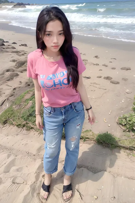 ((masterpiece)), ((best quality)), ((detailed)), ((realistic)), ((nikon RAW photo, 8K, Fujifilm XT3, HDR10+, high-res, depth of field, huge filesize, low-angle shot)), (1girl, solo, standing straight, arms at side, spreading arms), ((((full body:1.5), small breast:1.4, slender body:1.3, body height 163 cm, body weight 48 Kg, realistic body, 21 years old, 34D Cup))), (photorealistic:1.4), photorealism, photography, hyperrealistic, hyperdetailed, lots of details, extremely amazing finely detail, shoot by professional, professional photography, studio lighting, professional tuned lighting, outdoor, beach, sea wave background, perfection, best of the best, professional model, photo model, tuned by professional, flirty, naughty, cute, extremely delicate beautiful, a dashing collected professional beauty woman, Woman, Girl, neat, polite, nathania, long hair, hair parted at the back, pink t-shirt, pink pants, photo on the beach, pink sandals, bright smile, casual pose, beautiful pose, clean clothes, proportional, untucked, looking at camera, gold necklace, gold small earrings, beautiful smile, beautiful face, beautiful body, perfect body, young adult, indonesian, Indonesia, SFW, <lora:Javanese_Girl_V2:0.8>