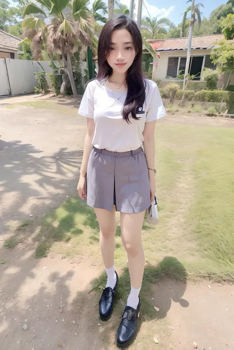 ((masterpiece)), ((best quality)), ((detailed)), ((realistic)), ((nikon RAW photo, 8K, Fujifilm XT3, HDR10+, high-res, depth of field, huge filesize, low-angle shot)), (1girl, solo, standing straight, arms at side, spreading arms), ((((full body:1.5), small breast:1.4, slender body:1.3, body height 163 cm, body weight 48 Kg, realistic body, 18 years old, 34D Cup))), (photorealistic:1.4), photorealism, photography, hyperrealistic, hyperdetailed, lots of details, extremely amazing finely detail, shoot by professional, professional photography, studio lighting, professional tuned lighting, outdoor, beach, sea wave background, perfection, best of the best, professional model, photo model, tuned by professional, lustful woman, arroused, seduced, flirty, seductive, tempt, naughty, cute, virgin, extremely delicate beautiful, a dashing collected professional beauty woman, Woman, Girl, neat, polite, nathania, medium hair, white shirt, white collared shirt, bluish gray skirt, white socks, black loafers, short sleeve, osis, bright smile, free pose, beautiful pose, clean clothes, proportional, tucked in, looking at camera, gold necklace, gold small earrings, beautiful smile, beautiful body, perfect body, teen, indonesian, Indonesia, <lora:Javanese_Girl_V2:0.8>