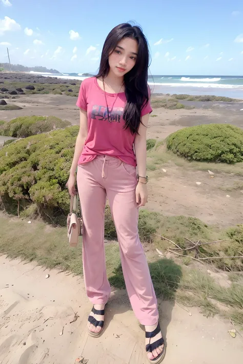 ((masterpiece)), ((best quality)), ((detailed)), ((realistic)), ((nikon RAW photo, 8K, Fujifilm XT3, HDR10+, high-res, depth of field, huge filesize, low-angle shot)), (1girl, solo, standing straight, arms at side, spreading arms), ((((full body:1.5), small breast:1.4, slender body:1.3, body height 163 cm, body weight 48 Kg, realistic body, 21 years old, 34D Cup))), (photorealistic:1.4), photorealism, photography, hyperrealistic, hyperdetailed, lots of details, extremely amazing finely detail, shoot by professional, professional photography, studio lighting, professional tuned lighting, outdoor, beach, sea wave background, perfection, best of the best, professional model, photo model, tuned by professional, flirty, naughty, cute, extremely delicate beautiful, a dashing collected professional beauty woman, Woman, Girl, neat, polite, nathania, long hair, hair parted at the back, pink t-shirt, pink pants, photo on the beach, pink sandals, bright smile, casual pose, beautiful pose, clean clothes, proportional, untucked, looking at camera, gold necklace, gold small earrings, beautiful smile, beautiful face, beautiful body, perfect body, young adult, indonesian, Indonesia, SFW, <lora:Javanese_Girl_V2:0.8>