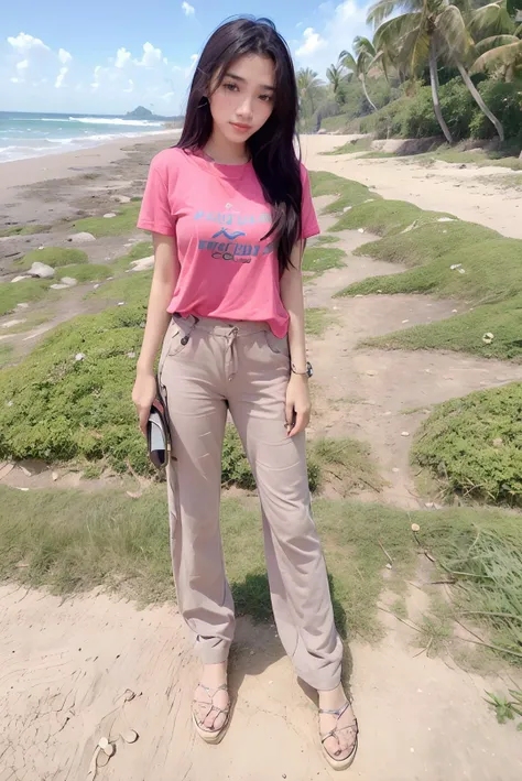 ((masterpiece)), ((best quality)), ((detailed)), ((realistic)), ((nikon RAW photo, 8K, Fujifilm XT3, HDR10+, high-res, depth of field, huge filesize, low-angle shot)), (1girl, solo, standing straight, arms at side, spreading arms), ((((full body:1.5), small breast:1.4, slender body:1.3, body height 163 cm, body weight 48 Kg, realistic body, 21 years old, 34D Cup))), (photorealistic:1.4), photorealism, photography, hyperrealistic, hyperdetailed, lots of details, extremely amazing finely detail, shoot by professional, professional photography, studio lighting, professional tuned lighting, outdoor, beach, sea wave background, perfection, best of the best, professional model, photo model, tuned by professional, flirty, naughty, cute, extremely delicate beautiful, a dashing collected professional beauty woman, Woman, Girl, neat, polite, nathania, long hair, hair parted at the back, pink t-shirt, pink pants, photo on the beach, pink sandals, bright smile, casual pose, beautiful pose, clean clothes, proportional, untucked, looking at camera, gold necklace, gold small earrings, beautiful smile, beautiful face, beautiful body, perfect body, young adult, indonesian, Indonesia, SFW,  <lora:Javanese_Girl_V2:0.8>