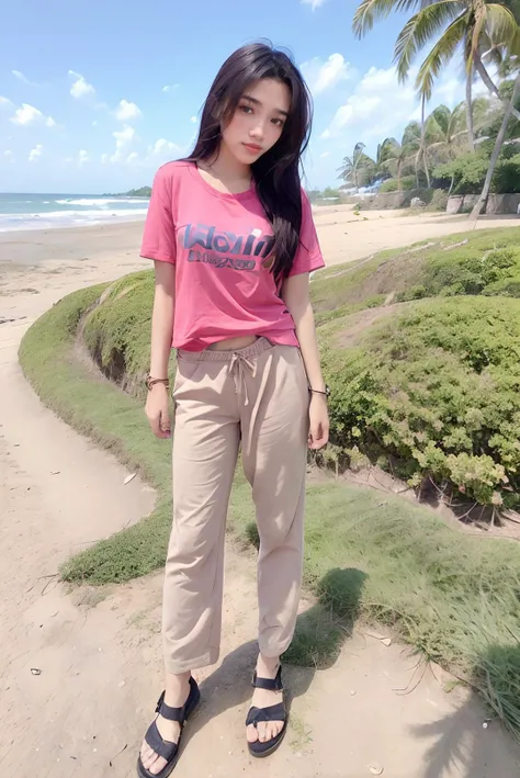 ((masterpiece)), ((best quality)), ((detailed)), ((realistic)), ((nikon RAW photo, 8K, Fujifilm XT3, HDR10+, high-res, depth of field, huge filesize, low-angle shot)), (1girl, solo, standing straight, arms at side, spreading arms), ((((full body:1.5), small breast:1.4, slender body:1.3, body height 163 cm, body weight 48 Kg, realistic body, 21 years old, 34D Cup))), (photorealistic:1.4), photorealism, photography, hyperrealistic, hyperdetailed, lots of details, extremely amazing finely detail, shoot by professional, professional photography, studio lighting, professional tuned lighting, outdoor, beach, sea wave background, perfection, best of the best, professional model, photo model, tuned by professional, flirty, naughty, cute, extremely delicate beautiful, a dashing collected professional beauty woman, Woman, Girl, neat, polite, nathania, long hair, hair parted at the back, pink t-shirt, pink pants, photo on the beach, pink sandals, bright smile, casual pose, beautiful pose, clean clothes, proportional, untucked, looking at camera, gold necklace, gold small earrings, beautiful smile, beautiful face, beautiful body, perfect body, young adult, indonesian, Indonesia, SFW, <lora:Javanese_Girl_V2:0.8>