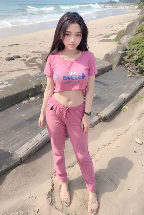 ((masterpiece)), ((best quality)), ((detailed)), ((realistic)), ((nikon RAW photo, 8K, Fujifilm XT3, HDR10+, high-res, depth of field, huge filesize, low-angle shot)), (1girl, solo, standing straight, arms at side, spreading arms), ((((full body:1.5), small breast:1.4, slender body:1.3, body height 163 cm, body weight 48 Kg, realistic body, 21 years old, 34D Cup))), (photorealistic:1.4), photorealism, photography, hyperrealistic, hyperdetailed, lots of details, extremely amazing finely detail, shoot by professional, professional photography, studio lighting, professional tuned lighting, outdoor, beach, sea wave background, perfection, best of the best, professional model, photo model, tuned by professional, flirty, naughty, cute, extremely delicate beautiful, a dashing collected professional beauty woman, Woman, Girl, neat, polite, nathania, long hair, hair parted at the back, pink t-shirt, pink pants, photo on the beach, pink sandals, bright smile, casual pose, beautiful pose, clean clothes, proportional, untucked, looking at camera, gold necklace, gold small earrings, beautiful smile, beautiful face, beautiful body, perfect body, young adult, indonesian, Indonesia, SFW, <lora:Javanese_Girl_V2:0.8>