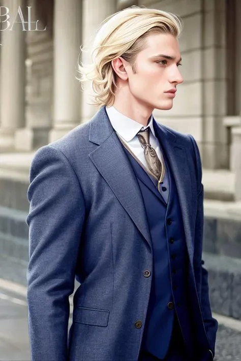 male gellert grindelwald, <lora:balenciaga:3.5>, photo of balenciago fashion, lips pursed, stern aloof look, profile picture, full torso and head in shot, fashion magazine photoshoot, fashionable hairstyle, cheekbones, hair fluffed and down, blonde hair, blue eyes, dark green suit,