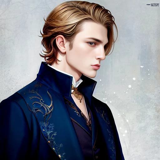 male gellert grindelwald, <lora:balenciaga:3.5>, photo of balenciago fashion, lips pursed, stern aloof look, profile picture, full torso and head in shot, fashion magazine photoshoot, fashionable hairstyle, cheekbones, hair fluffed and down