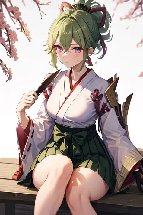 best quality, masterpiece, highres, solo, {kuki_shinobu_genshin:1.15}, green_hair, purple_eyes, bangs, ponytail, hair_between_eyes, hair_ornament, breasts, 1girl, alternate_costume, hakama, holding, japanese_clothes, long_sleeves, looking_at_viewer, miko, red_hakama, white_background, hakama_skirt, kimono, skirt, white_kimono, wide_sleeves, closed_mouth, simple_background