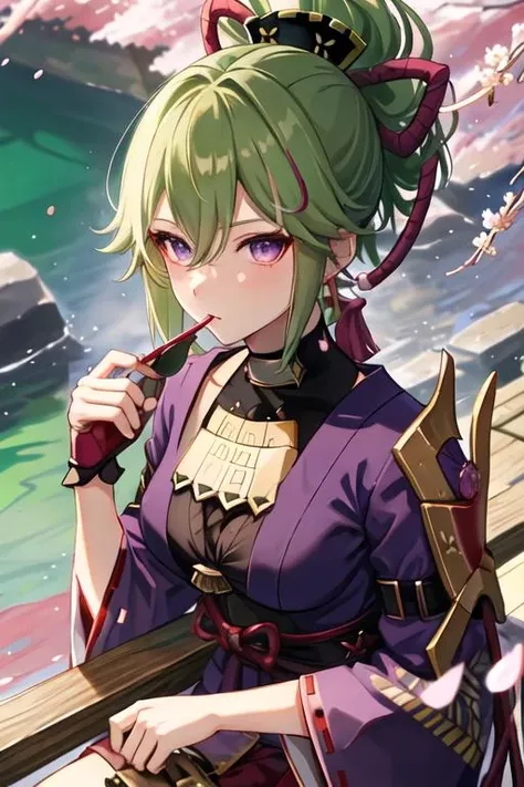 best quality, masterpiece, highres, solo, {kuki_shinobu_genshin:1.15}, green_hair, purple_eyes, bangs, ponytail, hair_between_eyes, hair_ornament, breasts, 1girl, japanese_clothes, long_hair, looking_at_viewer, cherry_blossoms, hair_tubes, kimono, miko, sidelocks, white_kimono, alternate_costume, long_sleeves, outdoors, upper_body, wide_sleeves, petals