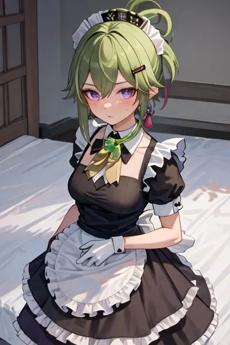 best quality, masterpiece, highres, solo, {maid:1.40}, {long maid dress:1.15}, {kuki_shinobu_genshin:1.15}, green_hair, purple_eyes, bangs, ponytail, hair_between_eyes, hair_ornament, breasts