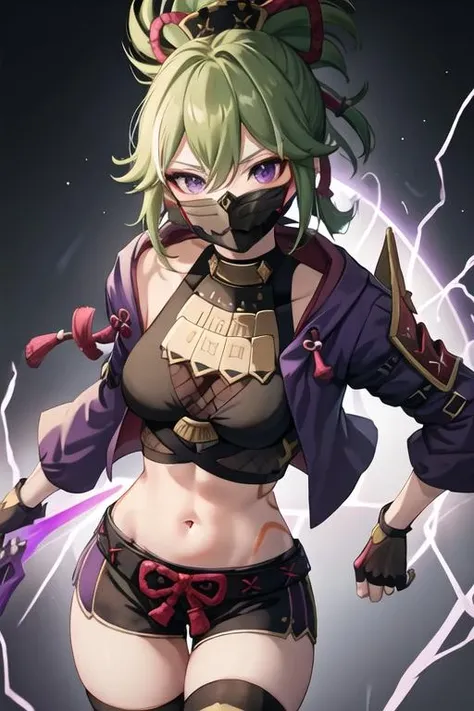 1 girl, wearing a mask, in a ninja outfit, tied hair, green hair, lightning sword looking like a whip, purple and ultra detailed eyes, ultra realistic, high resolution, 8k, masterpiece, High-angle shot