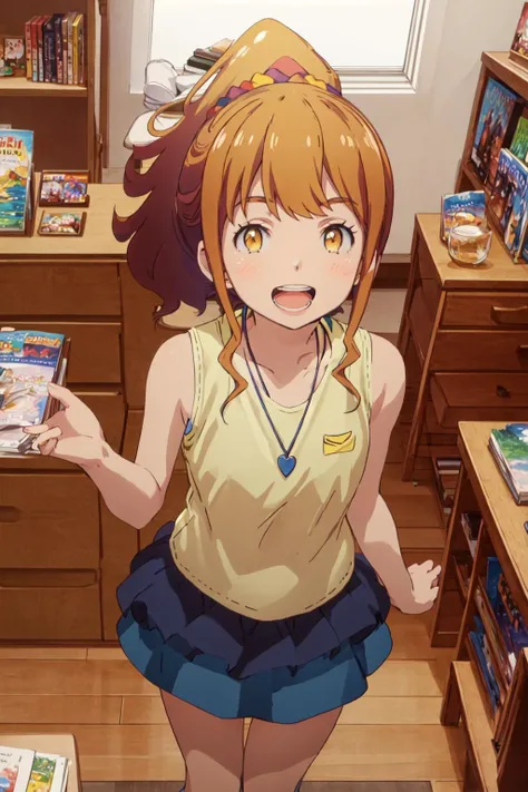 best quality, (masterpiece:1.2), highly detailed,
indoors, bookshelf, tv,, jinno megumi,
1girl, solo, standing, from above, looking at the viewer, open mouth, smile, teeth,
brown hair, ponytail, brown eyes, scrunchie, necklace,
layered skirt, blue skirt, sleeveless, (yellow shirt:1.4) <lora:chara_Eromanga-sensei_JinnoMegumi_v1:1>