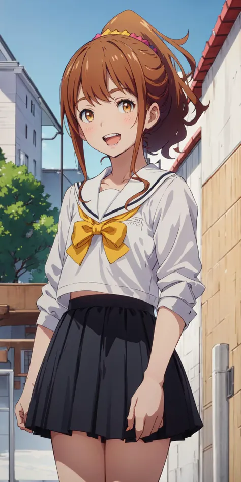 best quality, (masterpiece:1.2), highly detailed,
standing, outdoors, building, school,
<lora:chara_Eromanga-sensei_JinnoMegumi_v1:0.8>, jinno megumi,
1girl, solo, standing, looking at the viewer, open mouth, smile, teeth,
brown hair, ponytail, brown eyes, scrunchie,
(white serafuku:1.4), pleated skirt, black skirt, yellow bow