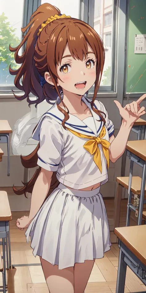 best quality, (masterpiece:1.2), highly detailed,
indoors, school, classroom, window,
<lora:chara_Eromanga-sensei_JinnoMegumi_v1:0.8>, jinno megumi,
1girl, solo, standing, looking at the viewer, open mouth, smile, teeth,
brown hair, ponytail, brown eyes, scrunchie,
(white serafuku:1.4), pleated skirt, black skirt, yellow bow