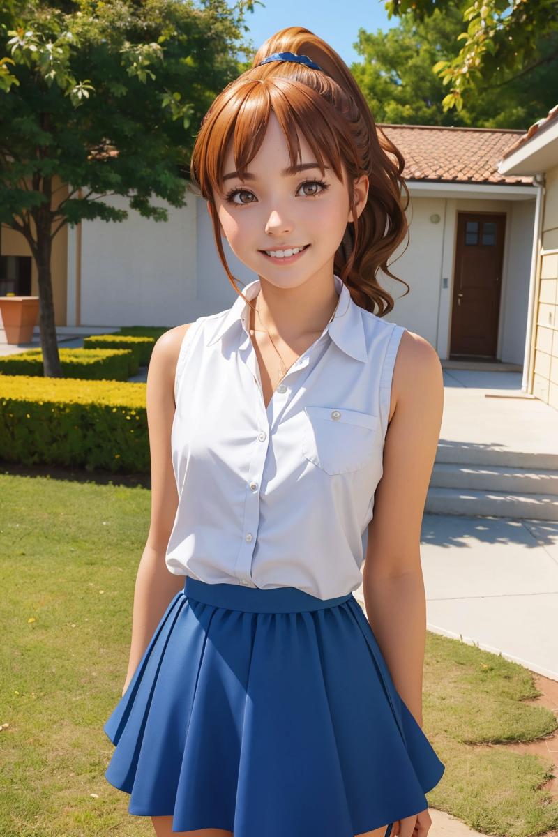 A close up of a woman in a blue skirt and a white shirt - SeaArt AI