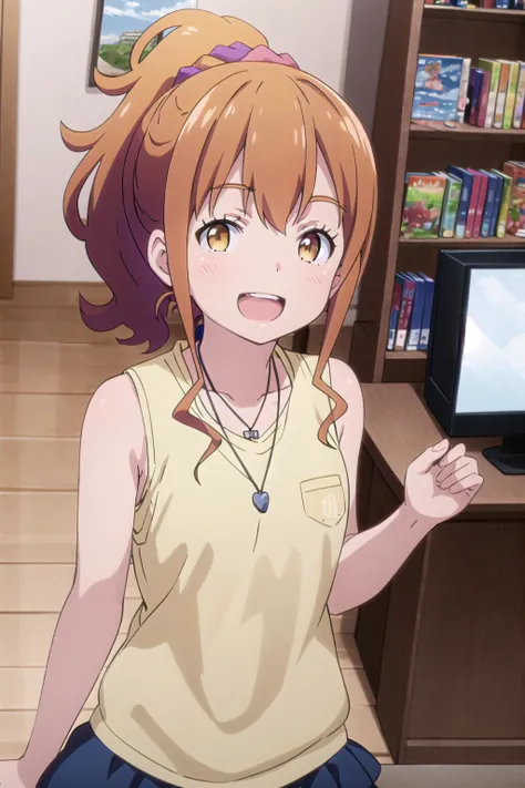 best quality, (masterpiece:1.2), highly detailed,
indoors, bookshelf, tv,
<lora:chara_Eromanga-sensei_JinnoMegumi_v1:0.8>, jinno megumi,
1girl, solo, standing, from above, looking at the viewer, open mouth, smile, teeth,
brown hair, ponytail, brown eyes, scrunchie, necklace,
layered skirt, blue skirt, sleeveless, (yellow shirt:1.4)