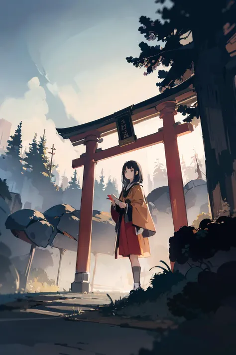 masterpiece,highres,best quality,torii,scenery,outdoors,nature,1girl,<lora:torii_red-wasabiya:1>,solo,landscape, autum, from below,