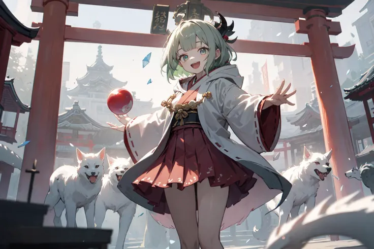 cute black horn hooded green gray haired red ruby eyes cute dragon tooth open mouth smile face red miko skirt white robe girl is throwing red fortune crystal ball, in the Japanese temple, BREAK (masterpiece, best quality), torii, white fox, white dog, white snake, <lora:oversized_shirt_v0.2:0.8>, <lora:torii_red-wasabiya:0.8>