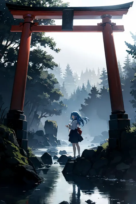 masterpiece,highres,best quality,torii,scenery,outdoors,nature,1girl,<lora:torii_red-wasabiya:1>,(blue eyes , blue hair ),from side ,dawn ,tree,chiaroscuro,rocks,