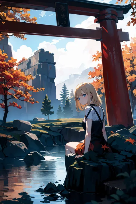 masterpiece,highres,best quality,torii,scenery,outdoors,nature,1girl,<lora:torii_red-wasabiya:1>,(blue eyes , blonde hair),from behind ,autumn ,tree,chiaroscuro,rocks,