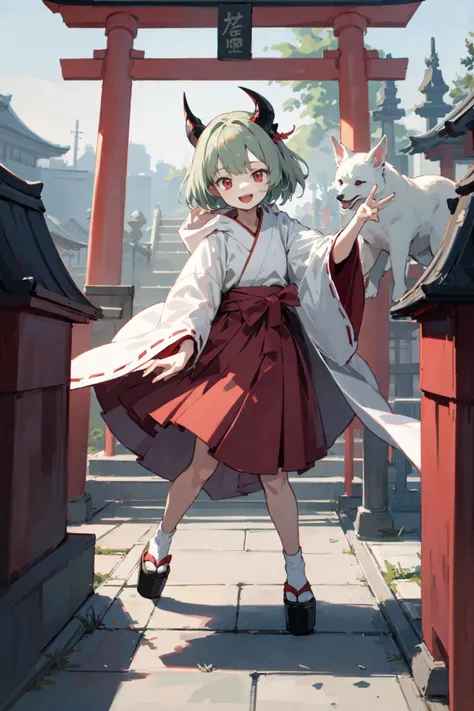 cute black horn hooded green gray haired ruby red-eyes dragon tooth open mouth smile face red miko skirt white robe girl is throwing red fortune crystal ball, in the Japanese temple, BREAK (masterpiece, best quality), torii, white fox, white dog, white snake, <lora:oversized_shirt_v0.2:0.8>, <lora:torii_red-wasabiya:0.8>