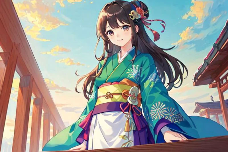 {{{masterpiece}}}, {{{4K8K}}}, {{{4DCG}}}, {{{best quality}}}, {{ultra-detailed}}, {illustration}, {{an extremely delicate and beautiful}},
anime style, key visual, intricate, (highly detailed),
at worm eye view
Girl sitting Seiza, from below,0
{{{in the torii at sunrise}}},
{(girl wearing green kimono:1.2)}, {brown long hair}, brown eyes,
Hair tied with a kanzashi,
smile, {{detailed eyes}},
BREAK
{{{masterpiece}}}, {{{4K8K}}}, {{{best quality}}}, {{ultra-detailed}}, {illustration}, {{an extremely delicate and beautiful}},
anime style, key visual, intricate, (highly detailed),
Create a 4DCG Girl Seiza with Reach for front in sunrise in the best quality.
